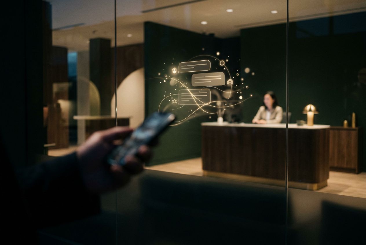 A bank lounge at dusk, with a customer's hand holding a smartphone in the foreground as a translucent gold conversational interface floats toward a calm service desk, rendered in deep forest green and gold.