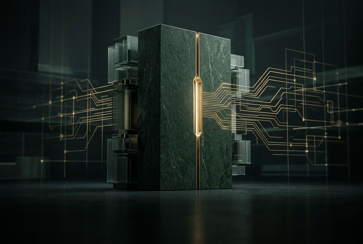 A monumental dark green stone monolith with a vertical gold seam, surrounded by translucent modular layers, with fine gold circuitry flowing outward into a network of services
