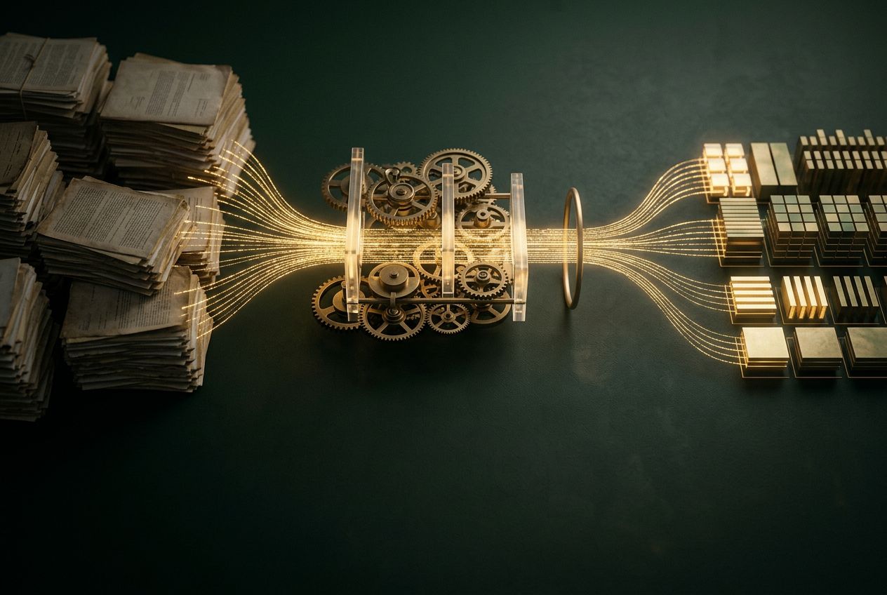 Abstract top-down view of an operations workflow in which stacks of documents become ordered streams of gold light flowing through precise brass gears and translucent gates, emerging as aligned blocks, with a single gold ring marking a human checkpoint.