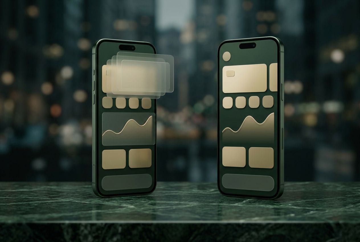 Two premium smartphones on dark green marble, their screens showing an abstract gold banking interface with translucent cards lifting off the display, city lights blurred in the background.